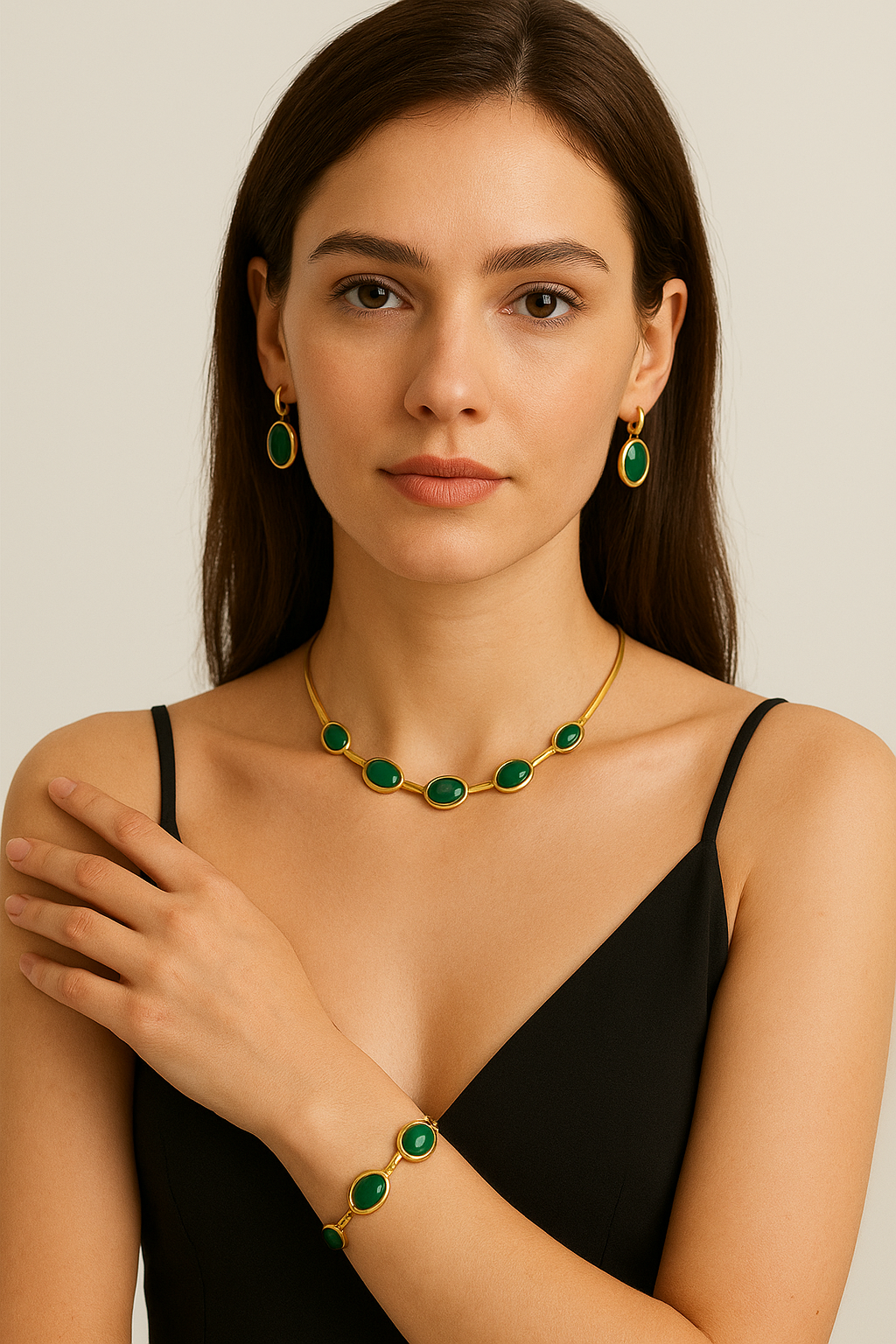 Oval Green Crystal Pendant Necklace Set With Bracelet